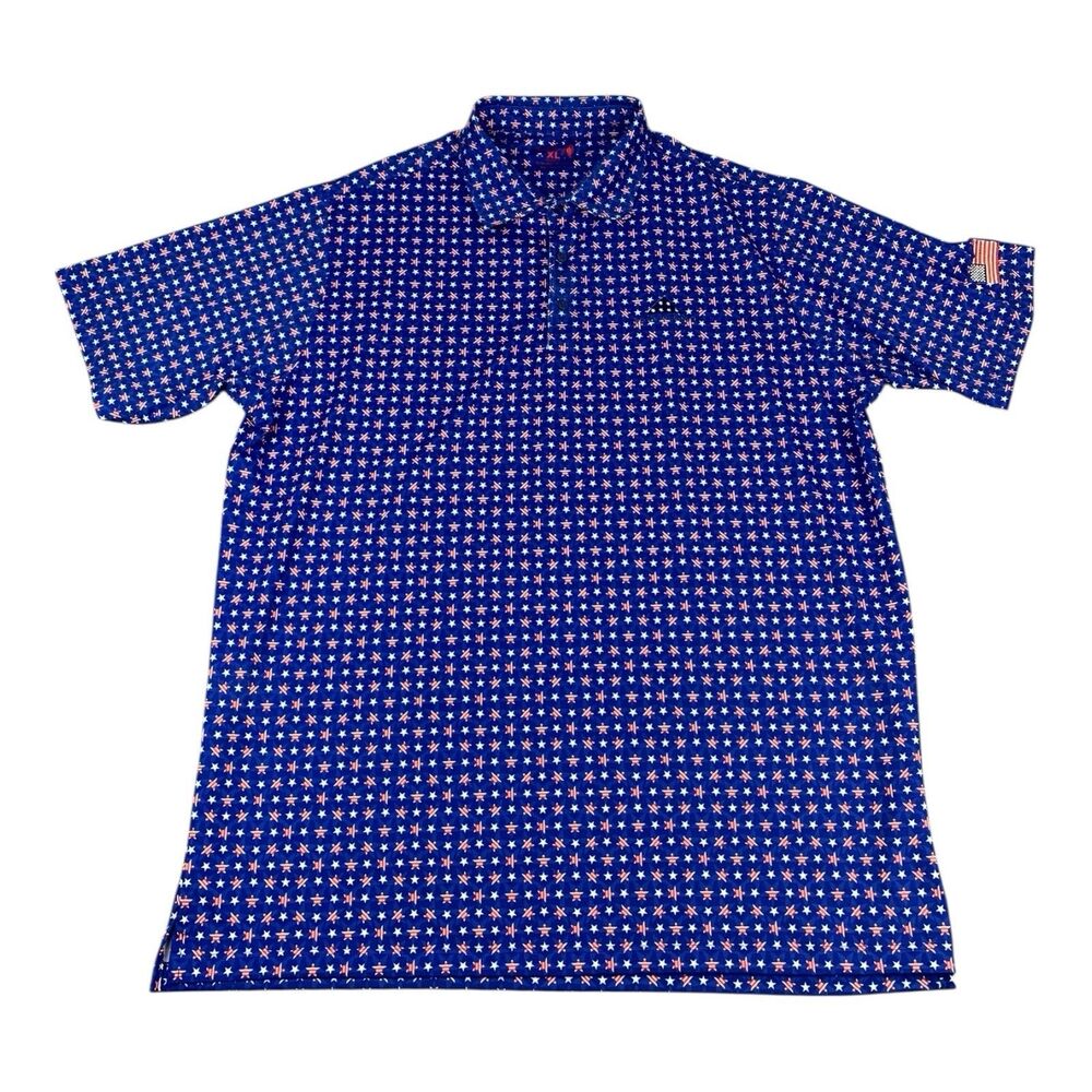 Birdie King Mens Golf Polo Shirt Blue Stars and Stripes Print Size XL USA